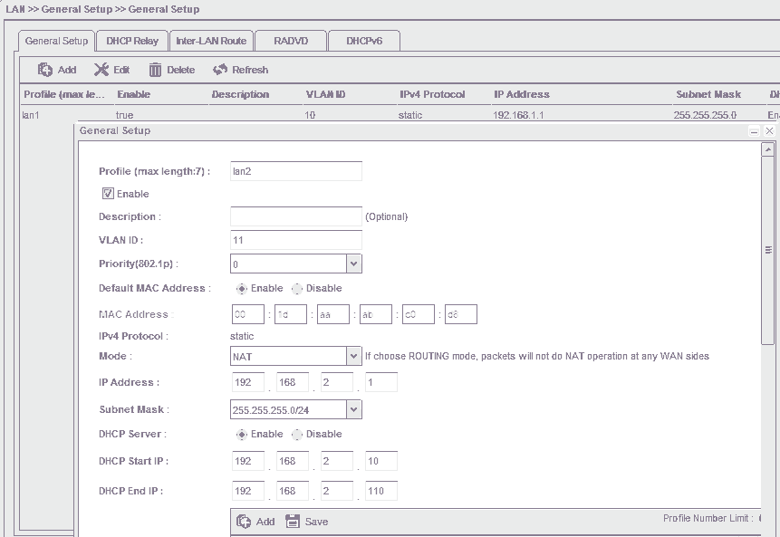 a screenshot of Vigor3900 LAN profile